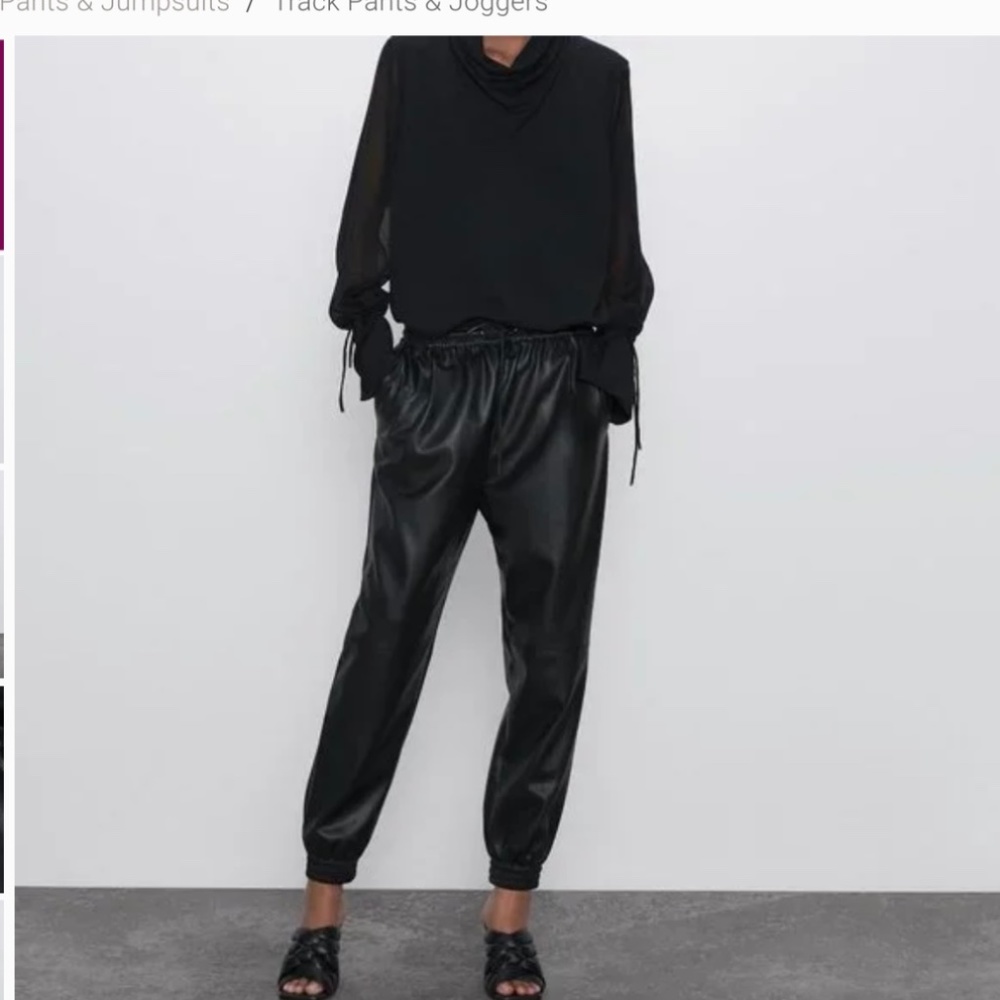 Black Zara Faux Leather Elastic Drawstring Waist Joggers size xs.